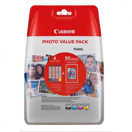 Multipack 4 Encre (CLI-571) + papier PP201 pour Canon Pixma MG 5750 / MG 7750...