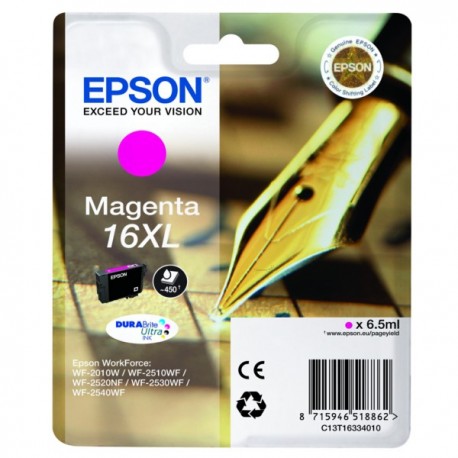 Cartouche magenta haute capacité Epson pour WorkForce WF-2010w / WF-2520nf ... (N°16XL - Plume) (C13T16334012)