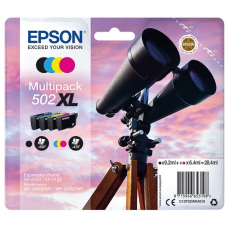 Multipack 4 encres CMYK haute capacité Epson pour WorkForce WF-2860dwf ... (n°502XL)