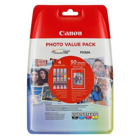 Pack éco Cartouche d'encre Canon CLI-521 BK/C/M/Y + papiers photo