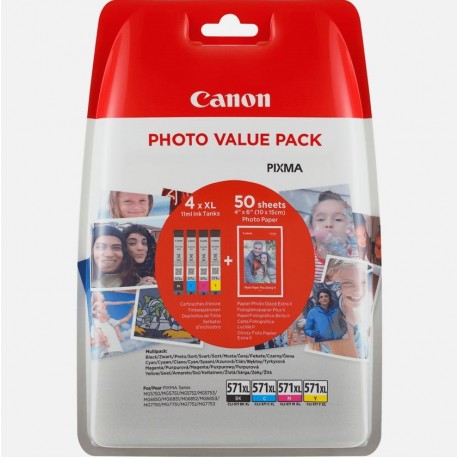 Multipack 4 Encre (CLI-571XL) + papier PP201 pour Canon Pixma MG 5750 / MG 7750...