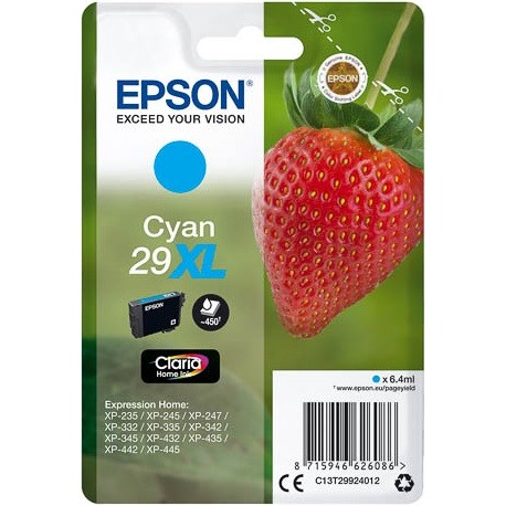 Cartouche Cyan Epson Haute Capacité pour Expression Home XP-235 / XP332 / XP-432 ... (n°29XL - fraise) (C13T29924012)