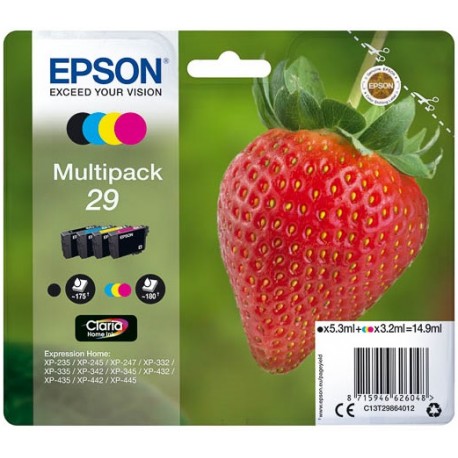 Multipack 4 couleurs Epson pour Expression Home XP-235 / XP332 / XP-432 ... (n°29 - fraise) (C13T29864012)