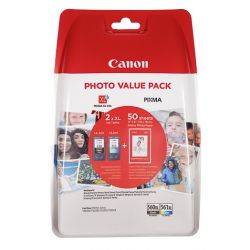 Pack de 2 Cartouches d'encre Noir et Couleur Haute capacité (PG-560XL + CL-561XL) et papier photo Canon pour Pixma TS5350, ...