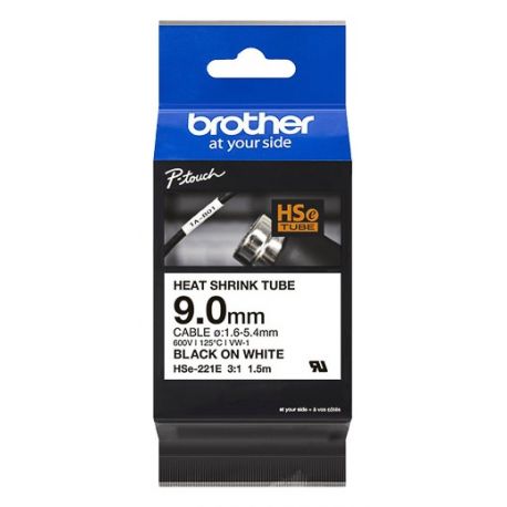 Cartouche ruban pour gaine thermorétractable Brother HSe-221E– Noir sur blanc, 9 mm - 1,5m