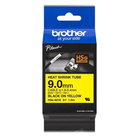 Cartouche ruban pour gaine thermorétractable Brother HSe-621E– Noir sur Jaune, 9 mm - 1,5m