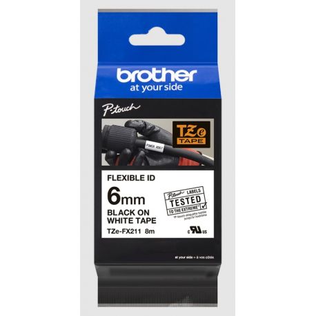 Cassette à ruban Brother pour étiqueteuse TZE-FX211 originale – Noir sur Blanc, 6 mm de large