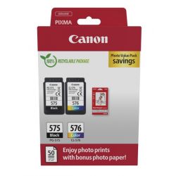 Pack 2 Cartouche noire et couleur Canon PG-575 + CL-576 et 50 feuille papier photo 10 x 15