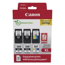 Pack de 2 Cartouches d'encre Noir et Couleur Haute capacité (PG-560XL + CL-561XL) et papier photo Canon pour Pixma TS5350, ...