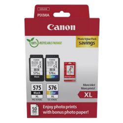 Pack 2 Cartouches noire et couleur HC Canon PG-575XL + CL-576XL et 50 feuilles papier photo 10 x 15