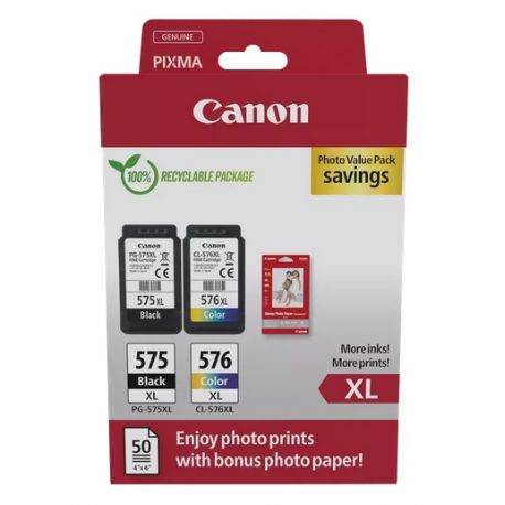 Pack 2 Cartouches noire et couleur HC Canon PG-575XL + CL-576XL et 50 feuilles papier photo 10 x 15