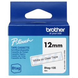 Ruban d'étiquetage adhésif Brother P-Touch, Blanc sur transparent, 12 mm de large, non laminé