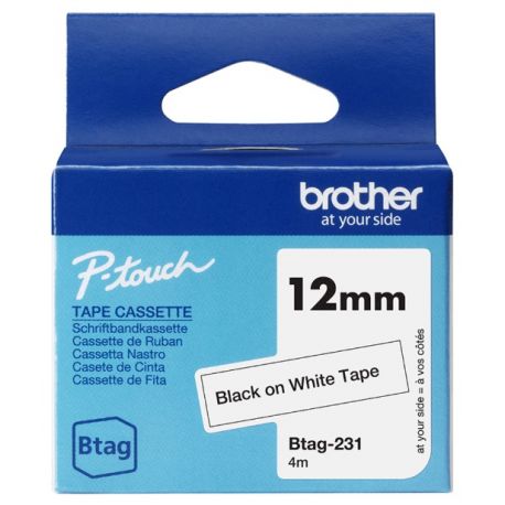 Ruban d'étiquetage adhésif Brother P-Touch, Noir sur blanc, 12 mm de large, non laminé