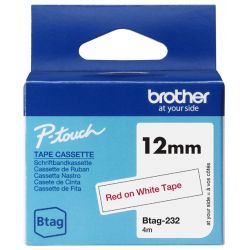 Ruban d'étiquetage adhésif Brother P-Touch, Rouge sur blanc, 12 mm de large, non laminé