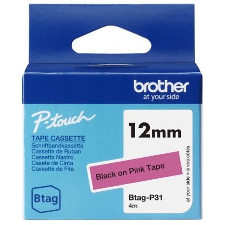 Ruban d'étiquetage adhésif Brother P-Touch, Noir sur rose, 12 mm de large, non laminé