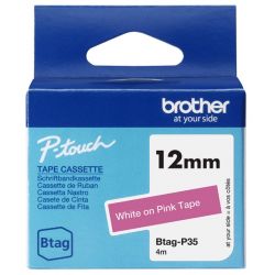 Ruban d'étiquetage adhésif Brother P-Touch, Blanc sur rose, 12 mm de large, non laminé
