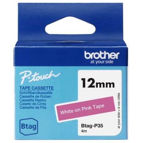 Ruban d'étiquetage adhésif Brother P-Touch, Blanc sur rose, 12 mm de large, non laminé
