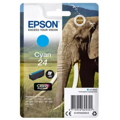 Cartouche cyan éléphant Epson série 24 pour expresssion photo XP750 / XP850 (C13T24224012) 
