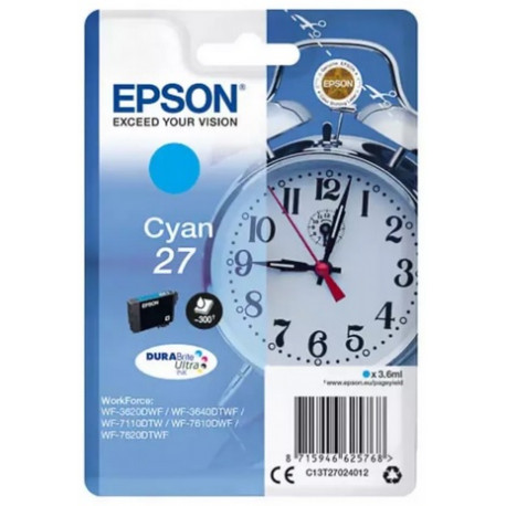 Cartouche d'encre cyan Epson pour WorkForce 3620/ 3640/7620DTWF .. (n°27) (réveil) (C13T27024012)