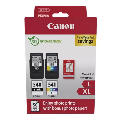 Multipack noire + couleur Haute Capacité + 50 page papier photo (10x15cm)  Canon pour Pixma MG2150 / MG3150...(PG-540L/CL-541XL)