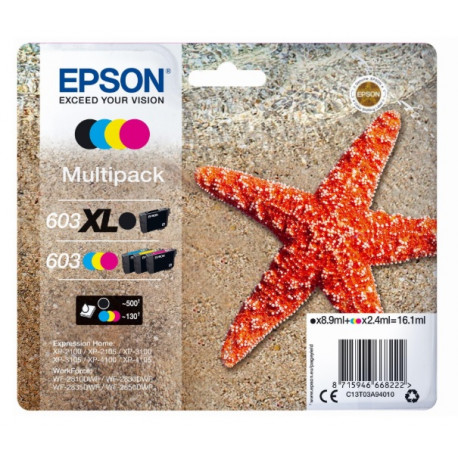 Pack 4 Cartouches d'encre noir XL et 3 couleur Std Epson pour WorkForce WF-2830dwf ... (n°603XL/603) 