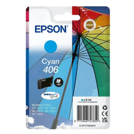 Cartouche d'encre Cyan Epson pour WorkForce pro WF-3920, WF-3925, WF-4920, ...(n°406) (Parapluie) 