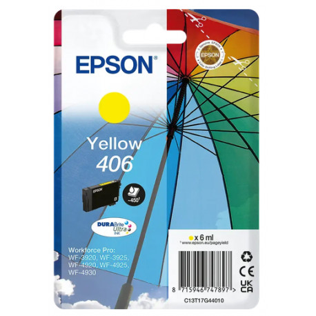 Cartouche d'encre Jaune Epson pour WorkForce pro WF-3920, WF-3925, WF-4920, ...(n°406) (Parapluie) 